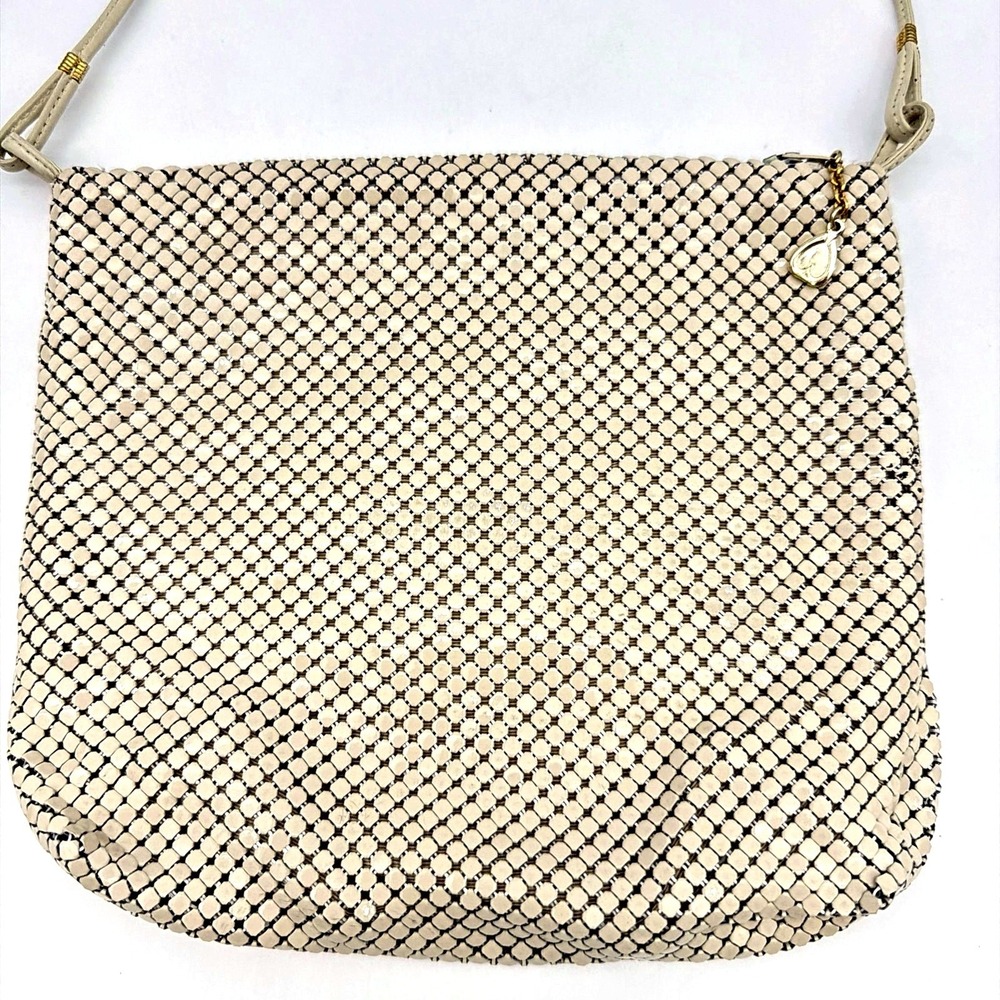 Vtg Whiting & Davis Mesh Handbag Beige Cream Neutral Enamel Gold Tone Hardware
